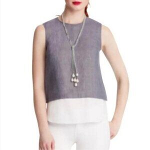 Charlotte Brody Linen Top Blouse Shirt Womens 2 Blue White Crew Neck Sleeveless